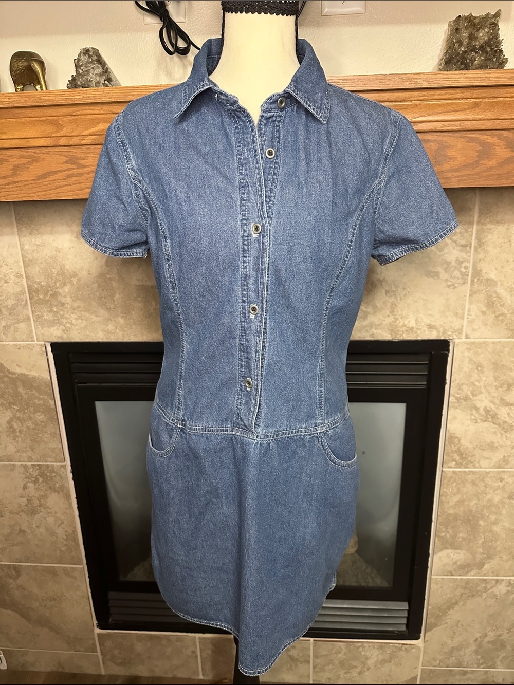 90s Express Denim Mini Dress 9/10 Fitted Shirt Dress Vintage Short Sleeve Dress